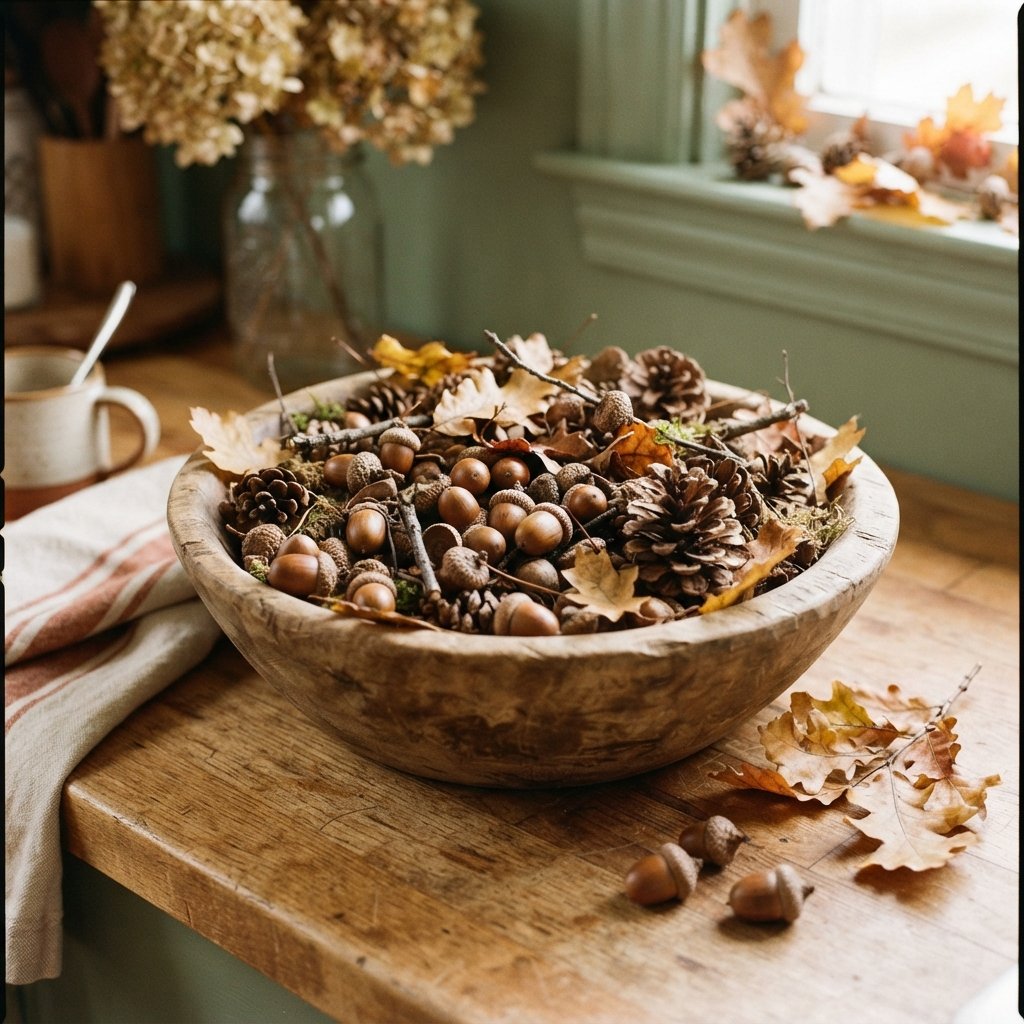 30 Fall Kitchen Countertop Decor Ideas: Cozy Inspiration for Every Style 16 Acorn and Pinecone Fall Kitchen Countertop Decor