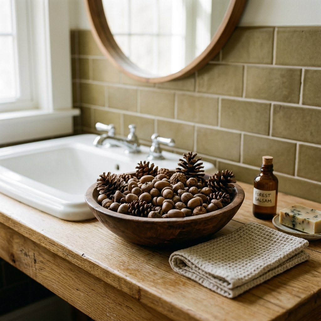 30 Fall Bathroom Decor Ideas: Cozy, Creative & Pinterest Worthy 20 Acorn and Pinecone Arrangement Fall Bathroom Decore