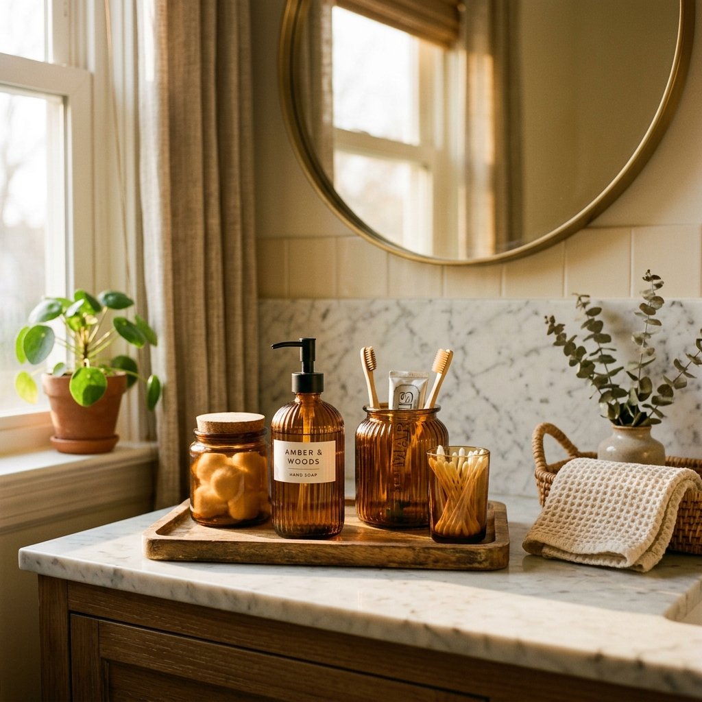 30 Fall Themed Bathroom Ideas: A Complete Guide to Cozy Autumn Style 25 Amber Glass Bathroom Accessories