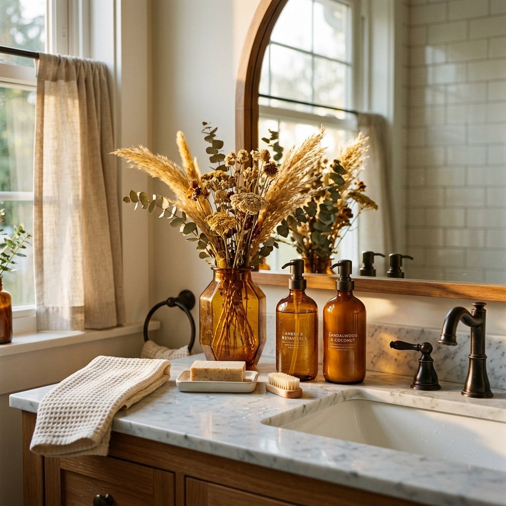 30 Fall Bathroom Aesthetic Ideas to Create a Dreamy Cozy Space 9 Amber Glass Accessory Ideas