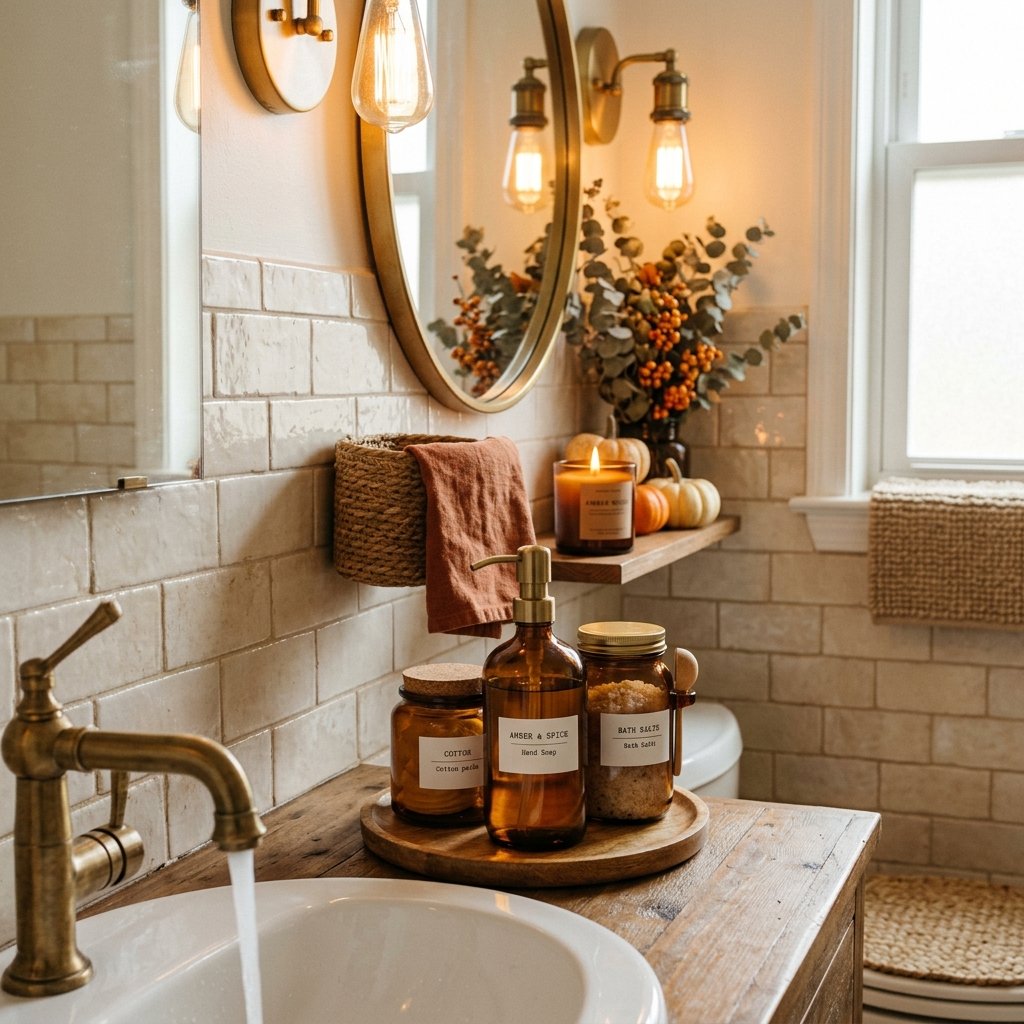 30 Fall Bathroom Decor Ideas Small Bathroom, Big Fall Vibes 7 Amber Glass Accessory Ideas