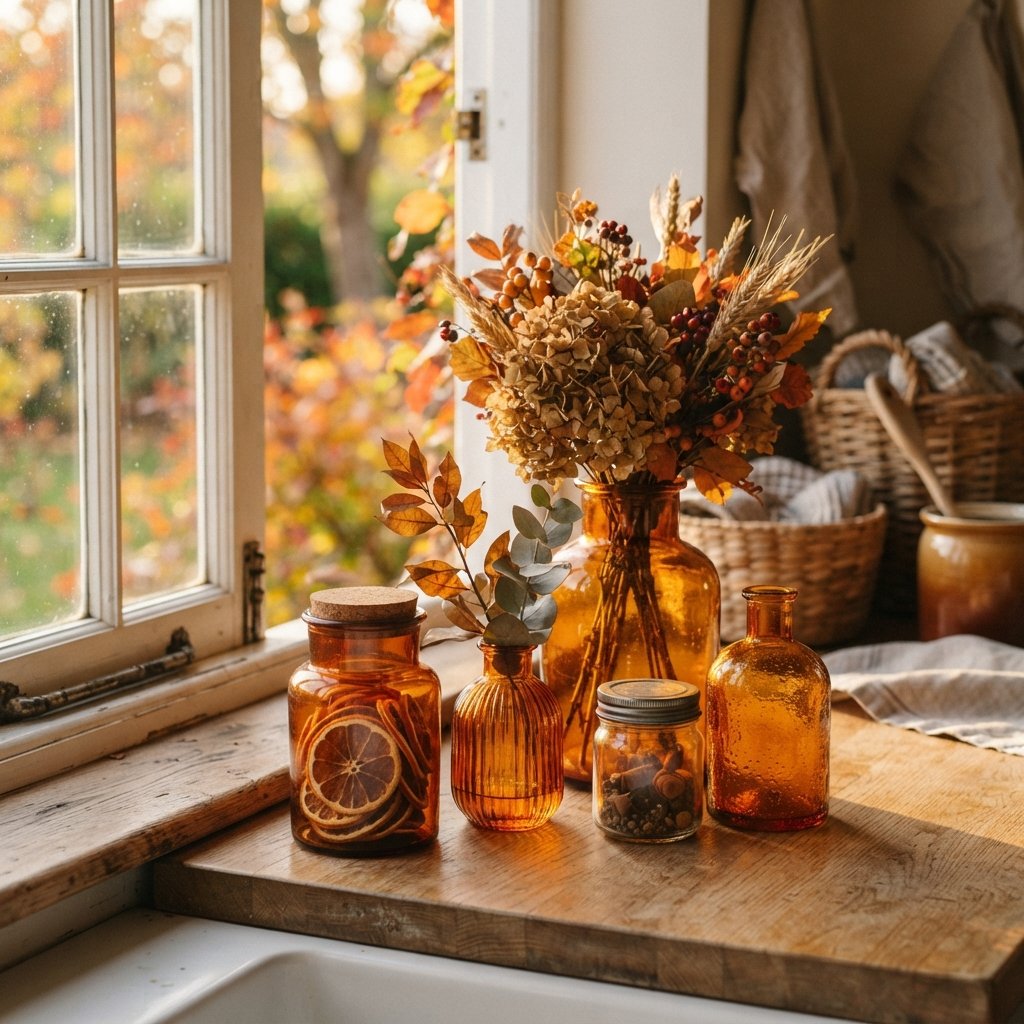 30 Fall Kitchen Countertop Decor Ideas: Cozy Inspiration for Every Style 21 Amber Glassware Fall Kitchen Countertop Decor