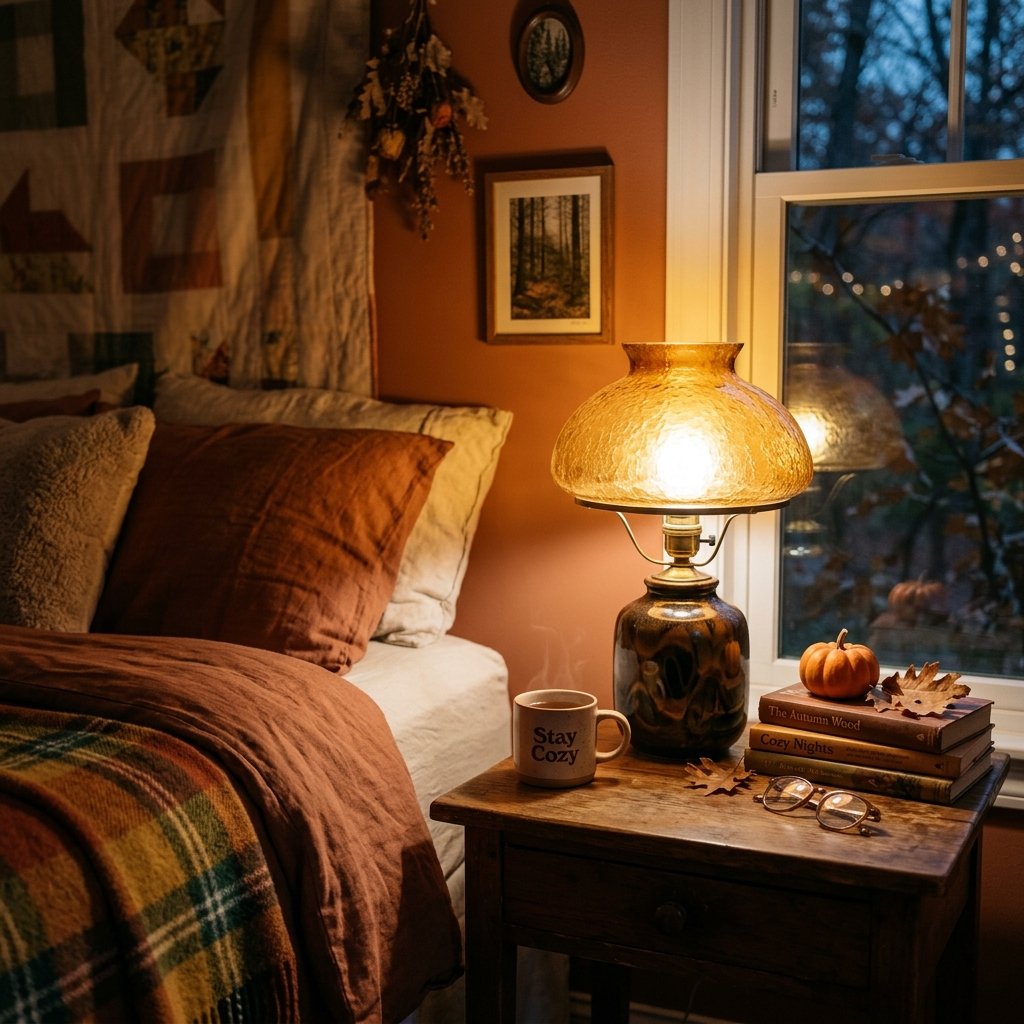 30 Cozy Fall Bedroom Ideas You'll Be Obsessed With This Autumn 12 Cozy Fall Bedroom Amber Table Lamp Idea