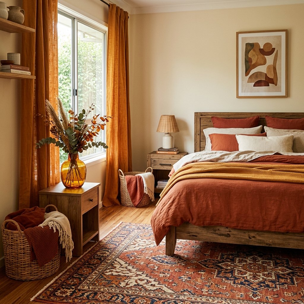 30 Aesthetic Fall Bedroom Ideas for a Cozy Autumn Vibe 10 Amber and Rust Tone Ideas