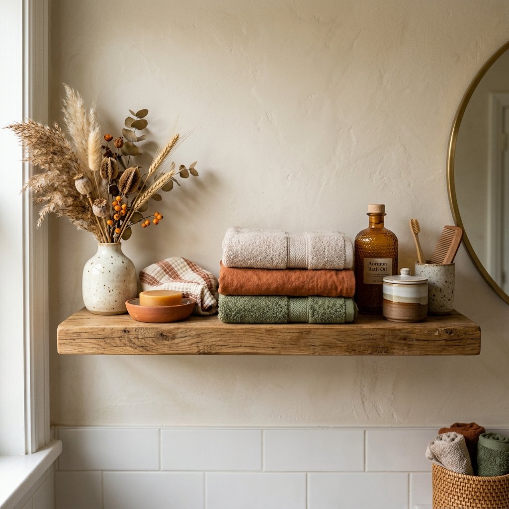 30 Fall Themed Bathroom Ideas: A Complete Guide to Cozy Autumn Style 28 Autumn Botanical Bathroom Shelf Styling