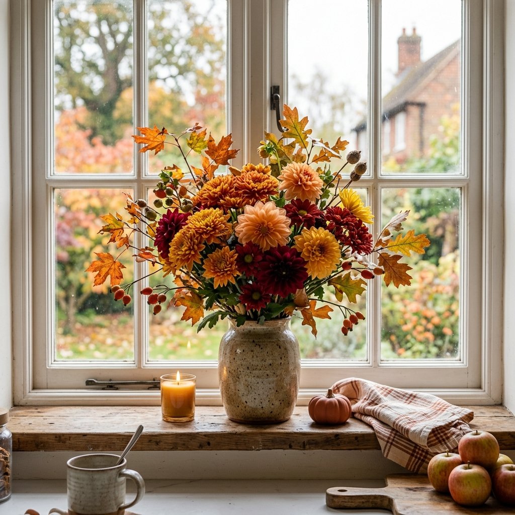 30 Fall Kitchen Window Decor Ideas That Feel Cozy & Bright 8 Autumn Floral Arrangement Window Ideas