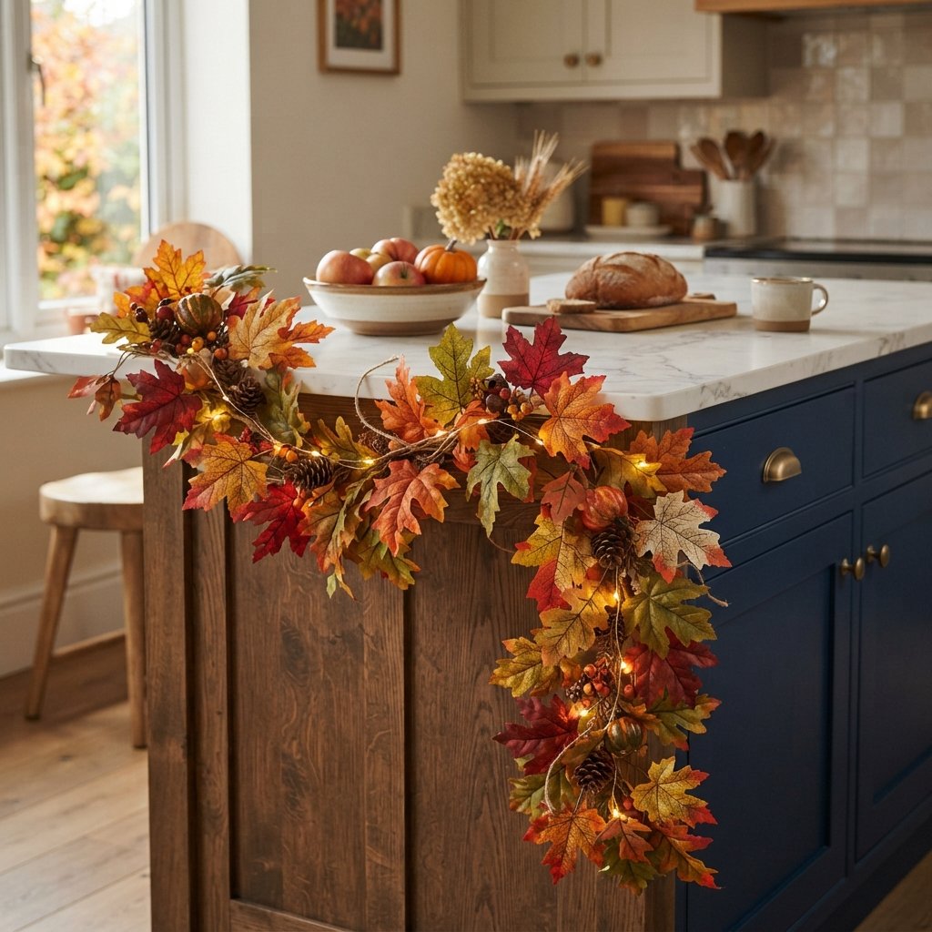 30 Fall Kitchen Island Decor Ideas: To Warm Up Your Home This Season 13 Autumn Leaf Garland Fall Kitchen Island Decor