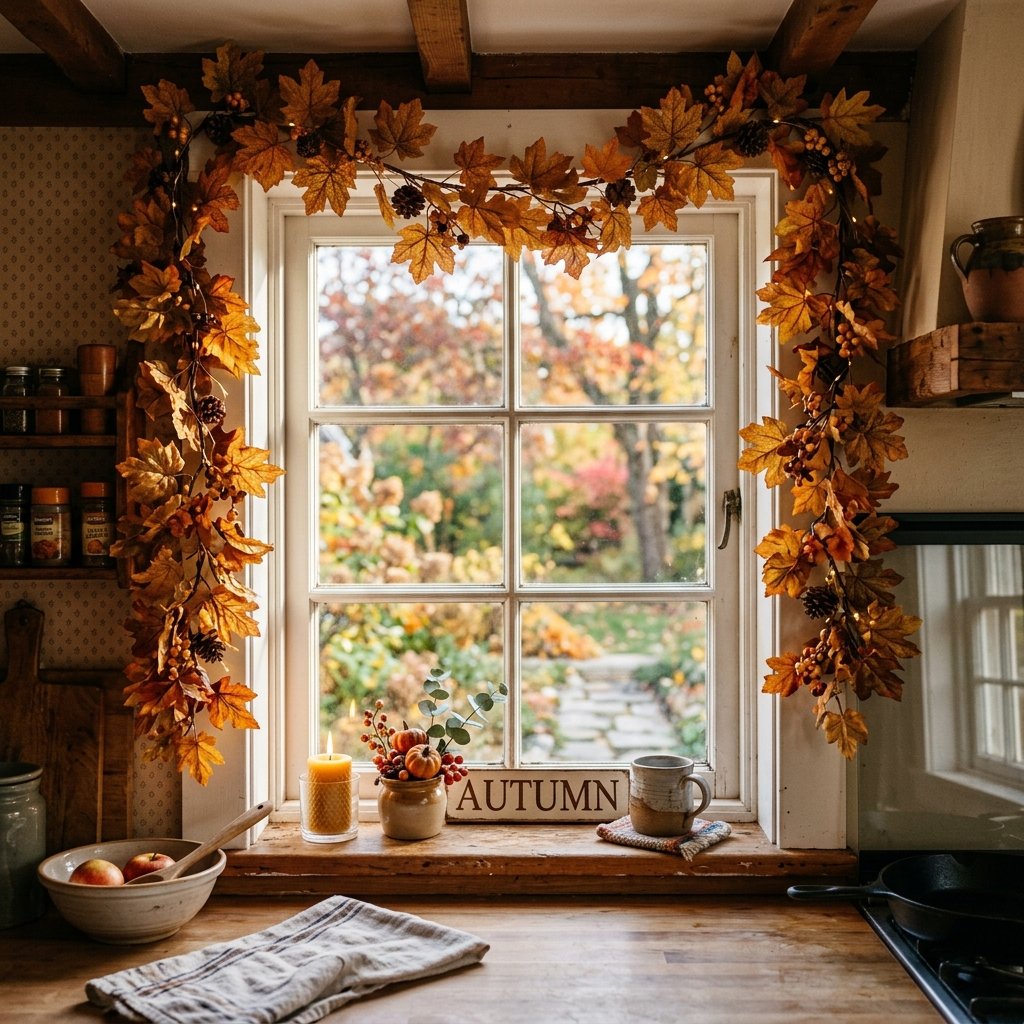 30 Fall Kitchen Window Decor Ideas That Feel Cozy & Bright 3 Autumn Leaf Garland Fall Kitchen Window Decor