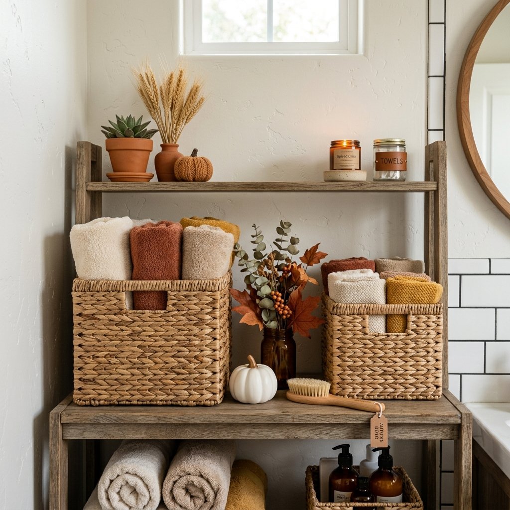30 Fall Themed Bathroom Ideas: A Complete Guide to Cozy Autumn Style 24 Fall Themed Bathroom Storage Baskets