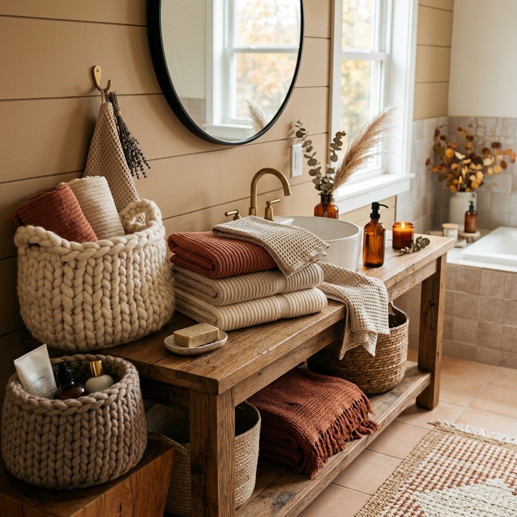 30 Fall Themed Bathroom Ideas: A Complete Guide to Cozy Autumn Style 27 Sweater Weather Bathroom Textiles