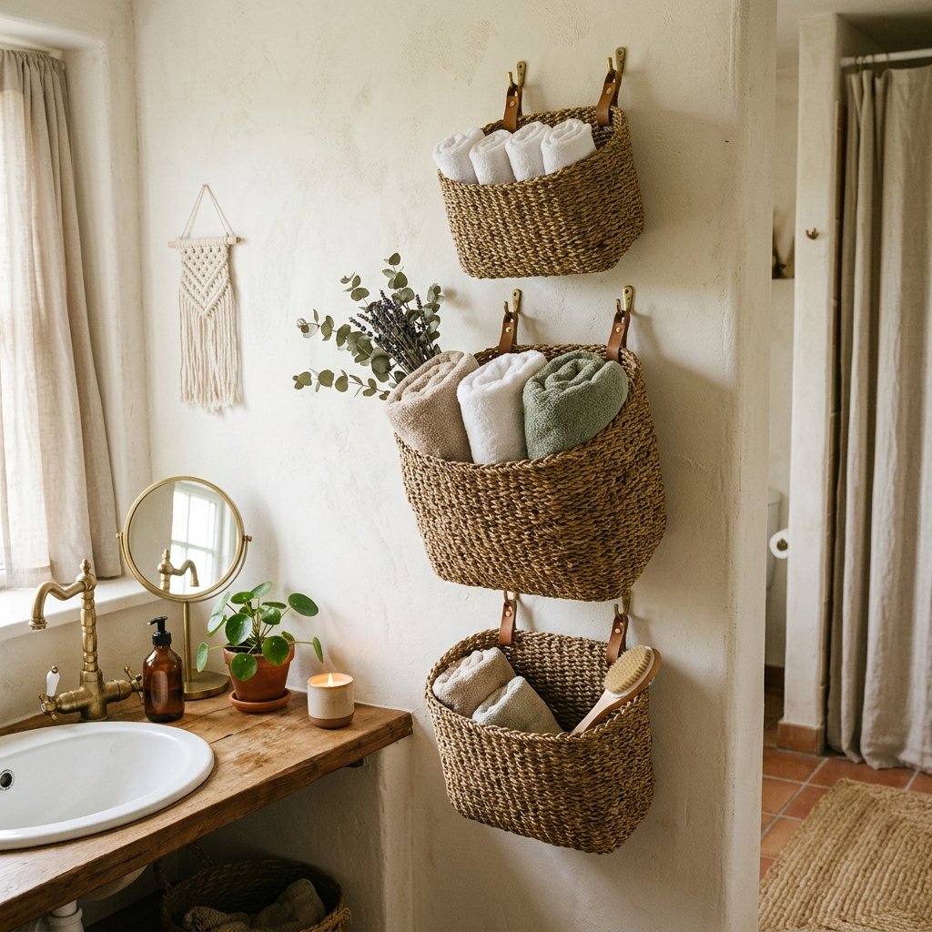 30 Bathroom Wall Decor Ideas to Elevate Every Space 9 Bathroom Wall with Woven Baskets Ideas