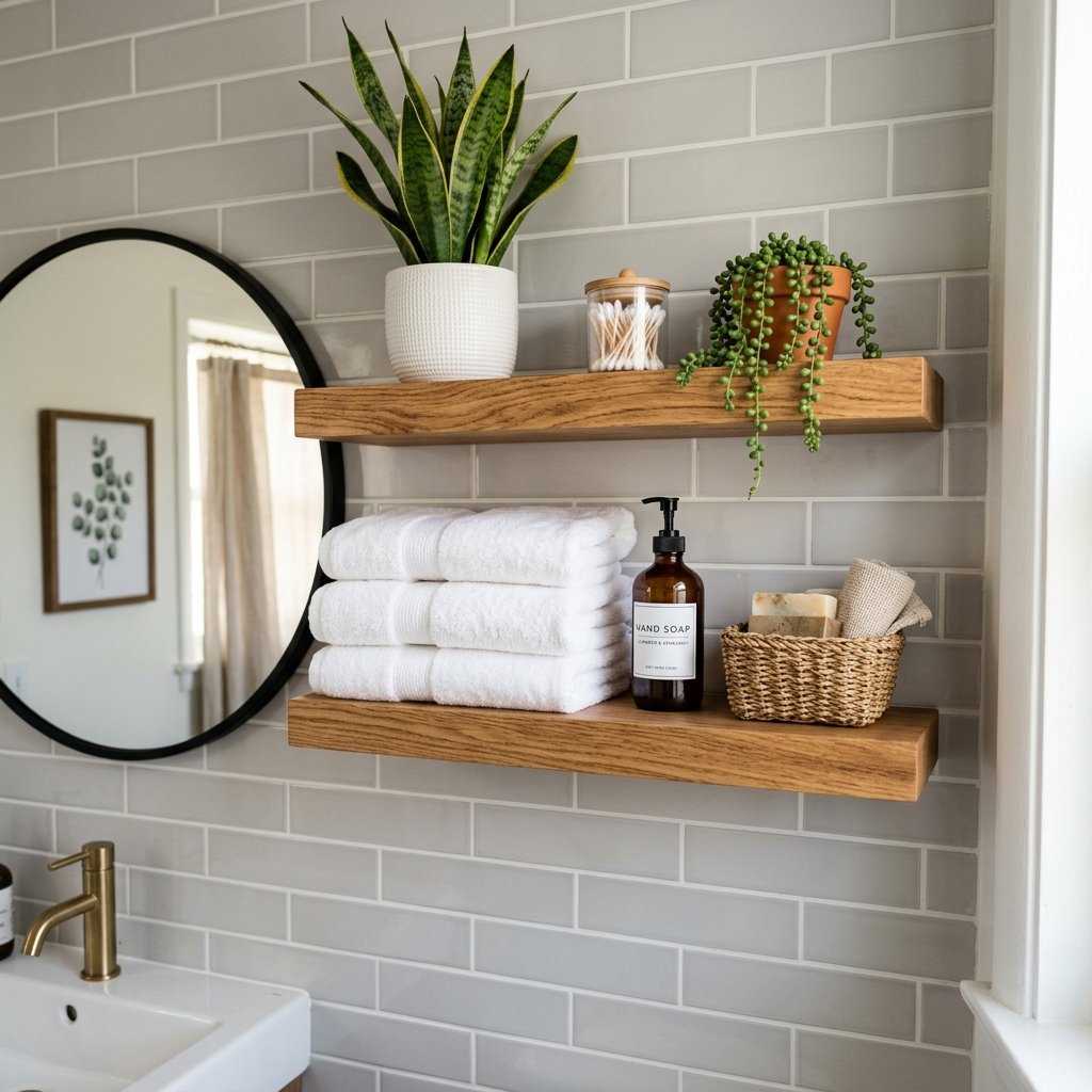 30 Bathroom Wall Decor Ideas to Elevate Every Space 6 Bathroom Wall Decor with Floating Shelves Ideas