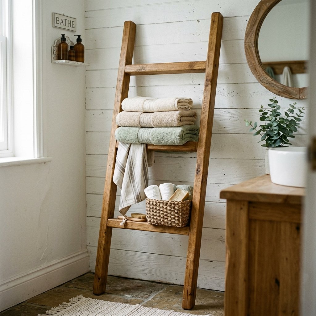 30 Bathroom Wall Decor Ideas to Elevate Every Space 27 Bathroom Wall with Towel Ladder Ideas