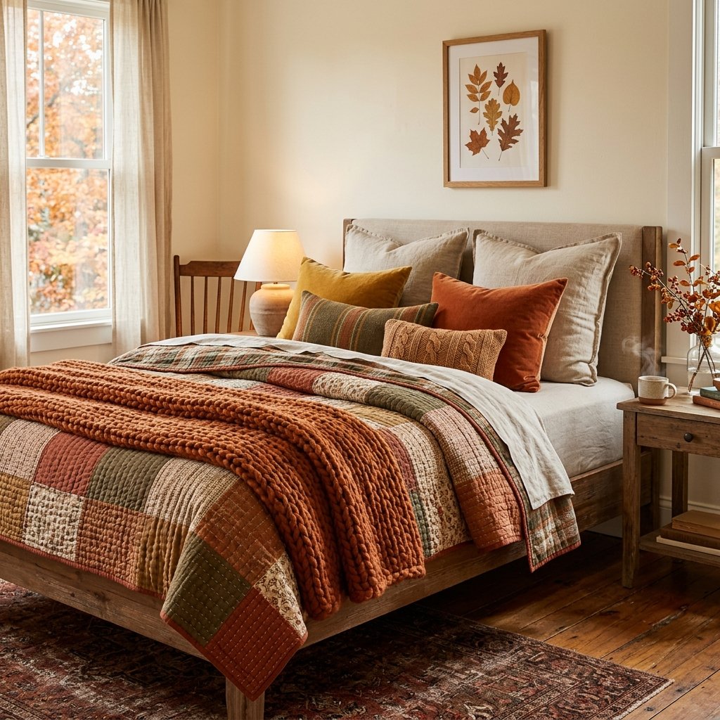 30 Cozy Fall Bedroom Ideas You'll Be Obsessed With This Autumn 2 Warm Layered Bedding Idea