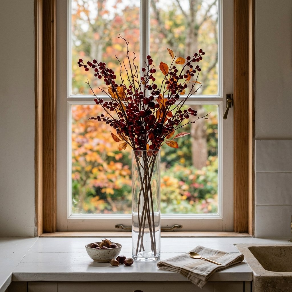 30 Fall Kitchen Window Decor Ideas That Feel Cozy & Bright 14 Autumn Berry Branch Window Ideas