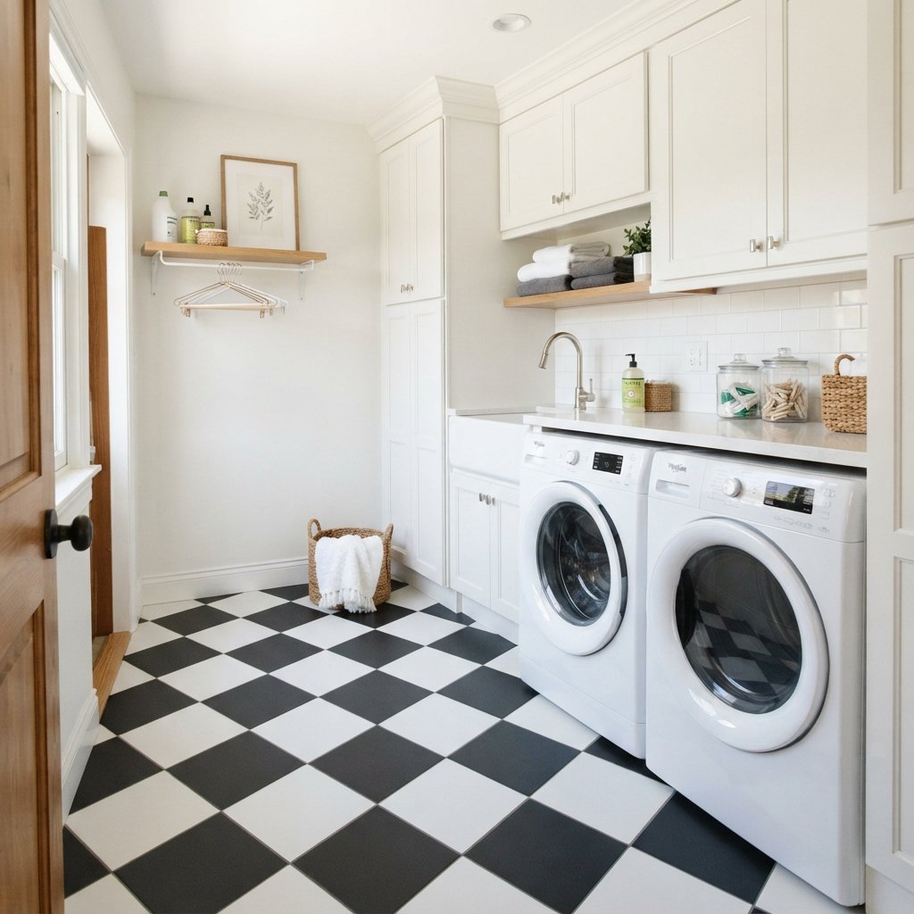 30 Tiny Laundry Room Ideas: That Prove Small Spaces Can Shine 12 Black and White Tile Tiny Laundry Idea