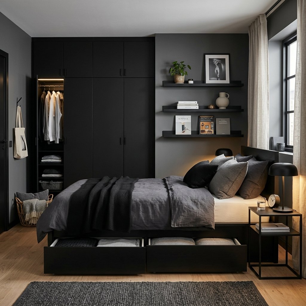 30 Black Bedroom Ideas That Look Expensive Without Breaking the Budget 28 Black Bedroom Storage Ideas