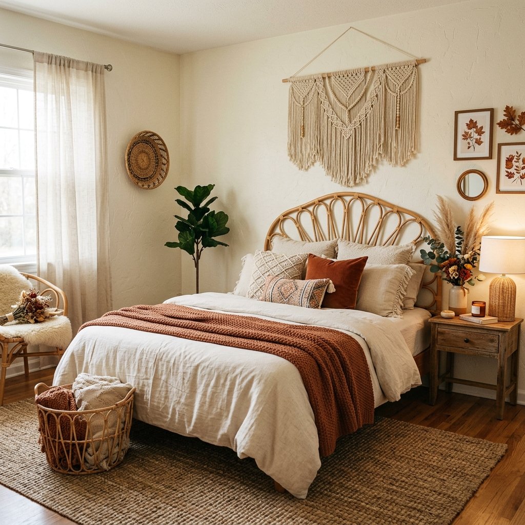 30 Fall Bedroom Aesthetic Ideas: That Feel Warm,Cozy & Effortless 22 Neutral Boho Fall Bedroom Ideas