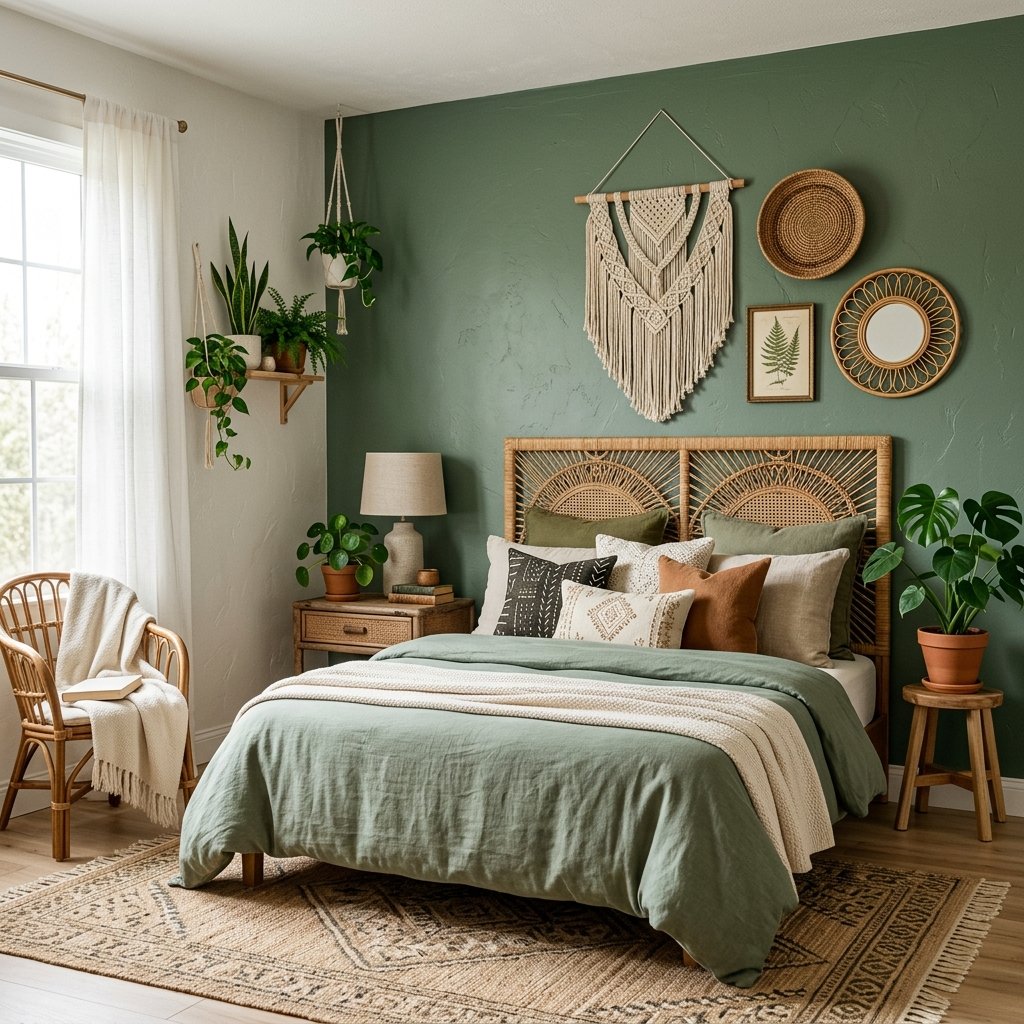 30 Green Bedroom Ideas That Bring Calm and Character 24 Boho Green Bedroom Ideas