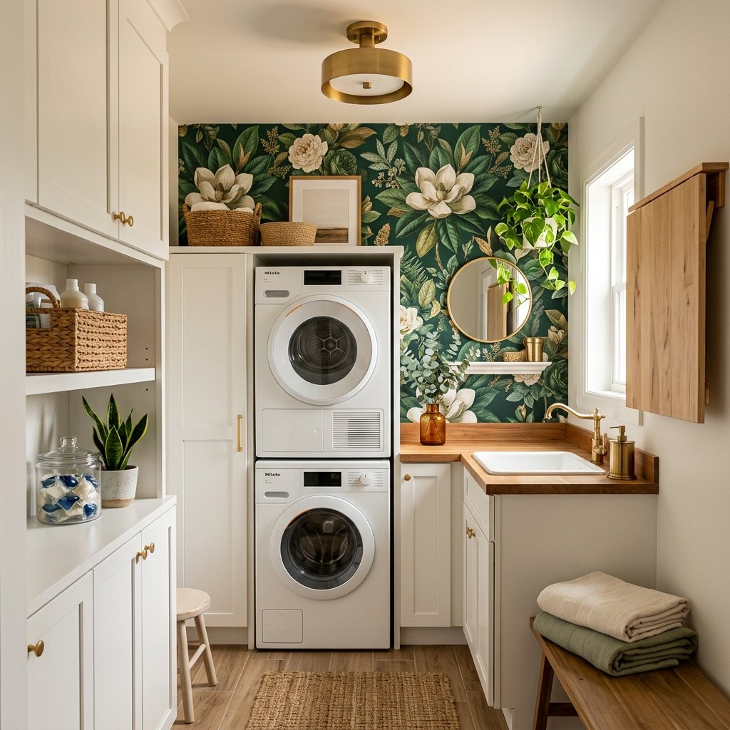 30 Tiny Laundry Room Ideas: That Prove Small Spaces Can Shine 5 Bold Wallpaper Accent Tiny Laundry Room Ideas