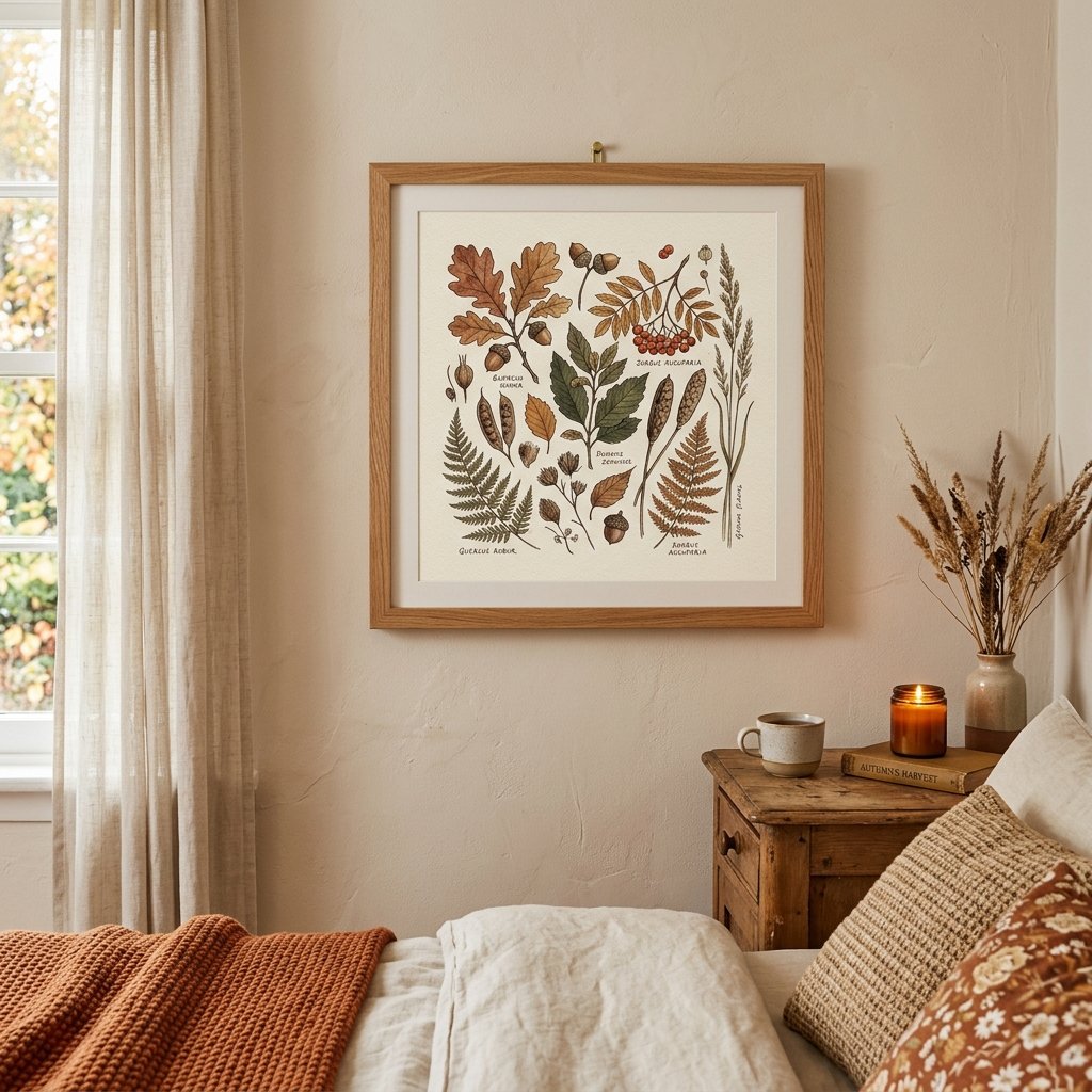 30 Cozy Fall Bedroom Ideas You'll Be Obsessed With This Autumn 26 Cozy Fall Bedroom Botanical Print Idea
