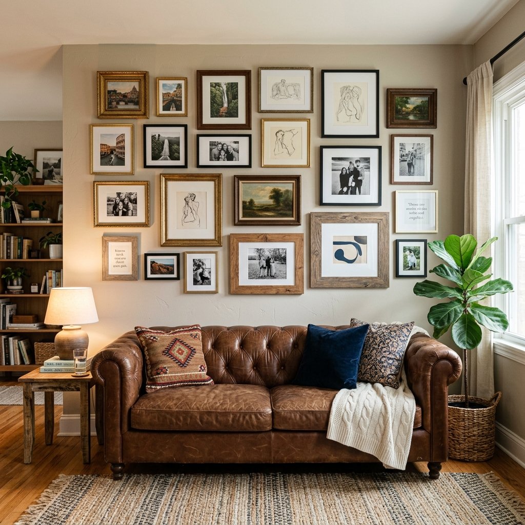 30 Brown Couch Living Room Ideas to Warm Up Your Space 18 Brown Couch Living Room Ideas with Gallery Wall