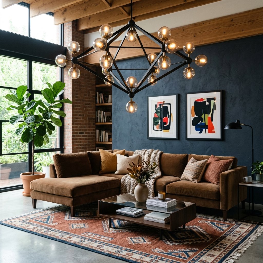 30 Brown Couch Living Room Ideas to Warm Up Your Space 19 Brown Couch with Statement Lighting Ideas