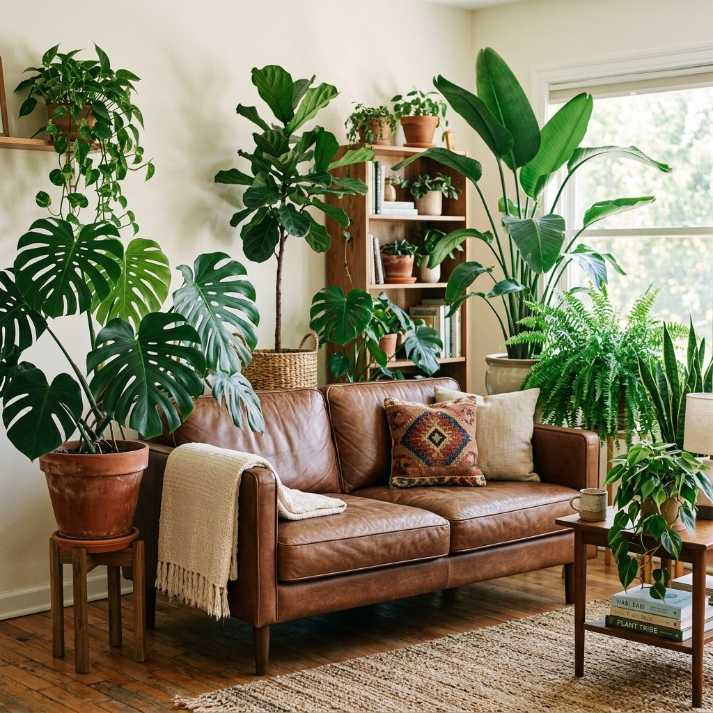 30 Brown Couch Living Room Ideas to Warm Up Your Space 27 Brown Couch Living Room Ideas with Plants