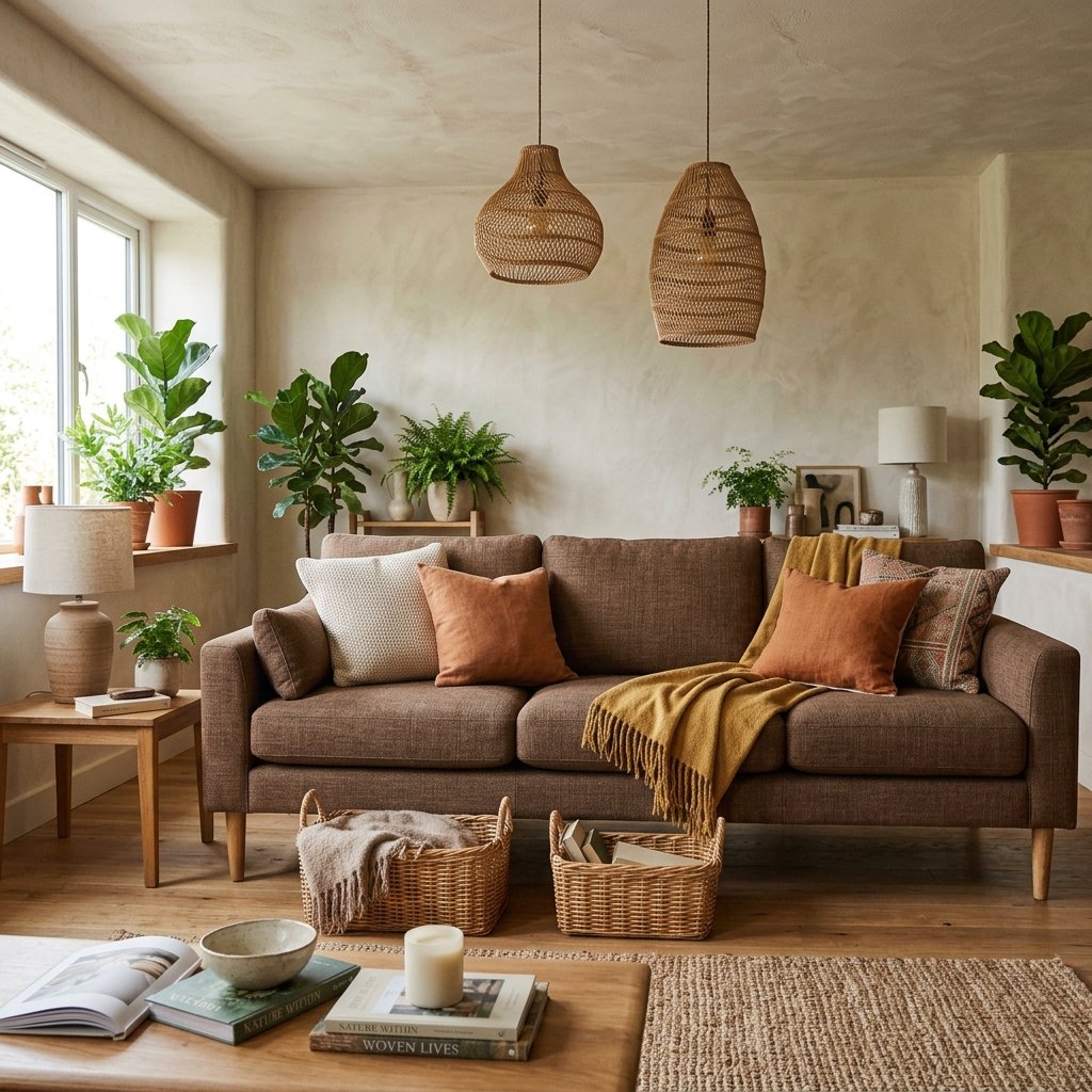 30 Brown Couch Living Room Ideas to Warm Up Your Space 21 Brown Couch Living Room Ideas with Woven Textures