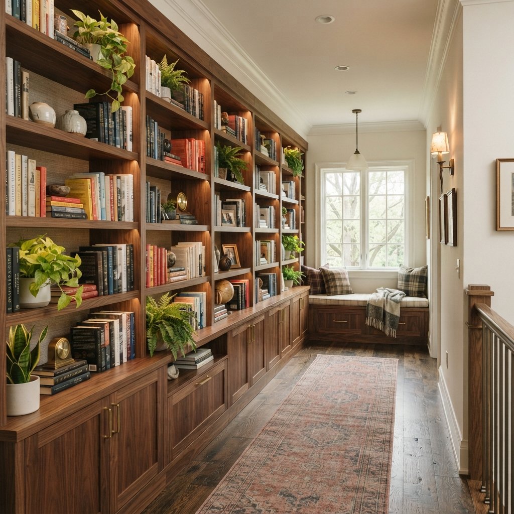 30 Beautiful Upstairs Hallway Ideas: To Transform Your Home Space 6 Built-In Bookshelf Upstairs Hallway Ideas