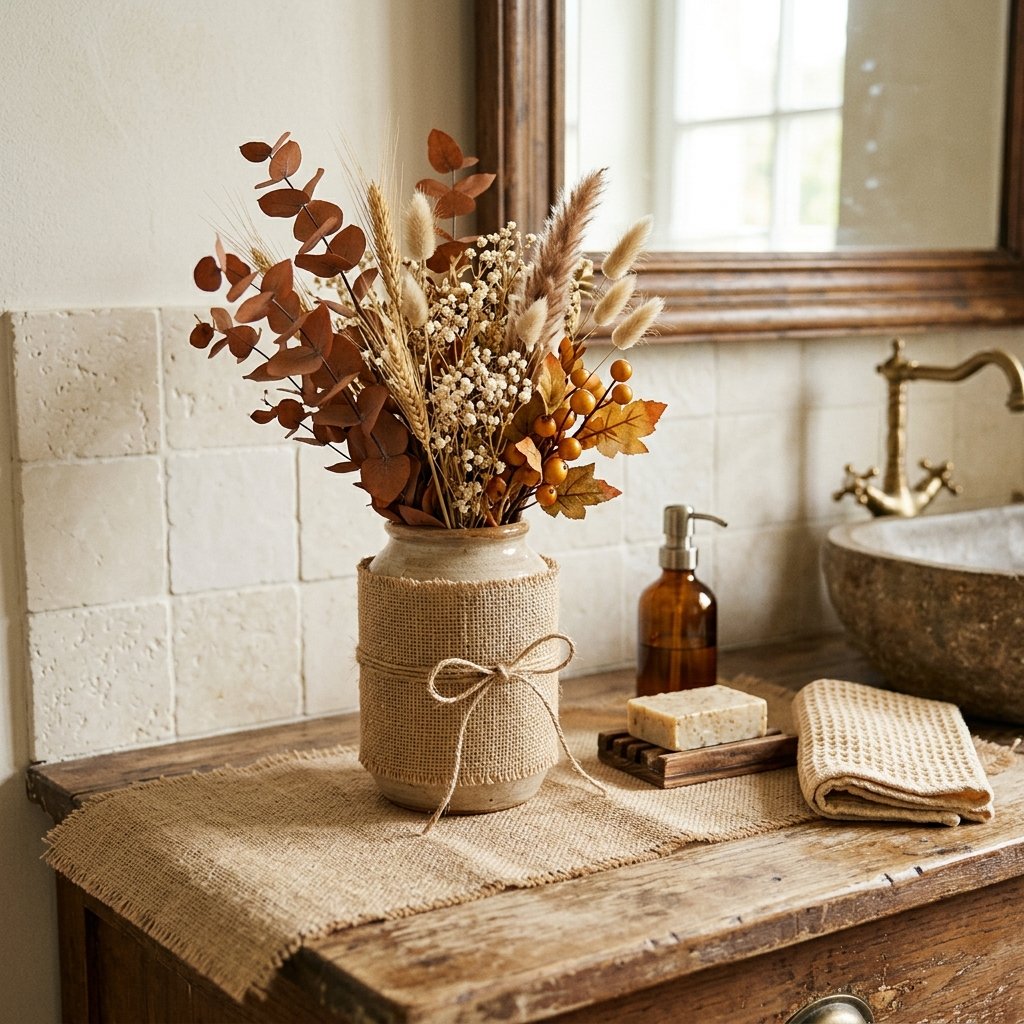 30 Fall Bathroom Decor Ideas Small Bathroom, Big Fall Vibes 22 Burlap Textile Accent Ideas