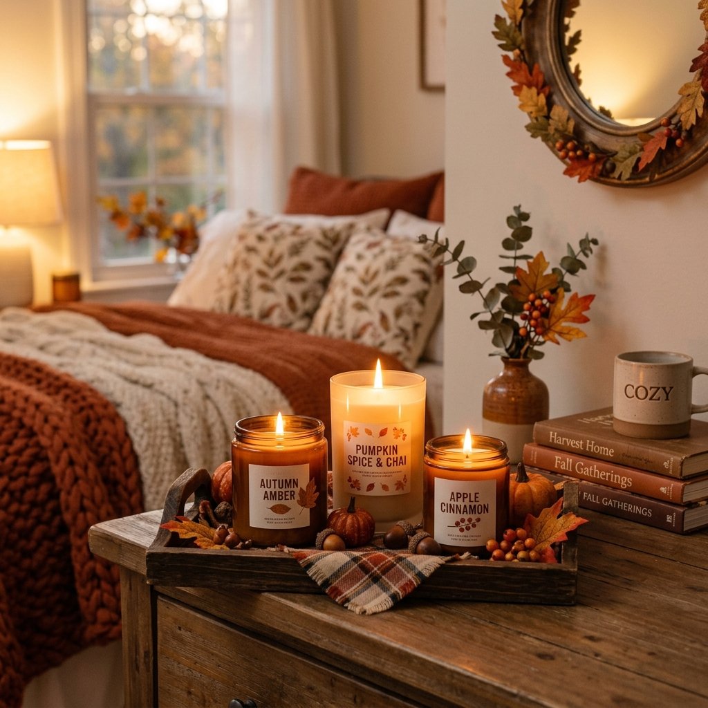 30 Fall Bedroom Ideas That Bring Cozy Autumn Vibes Into Your Space 27 Fall Scented Candle Display Ideas