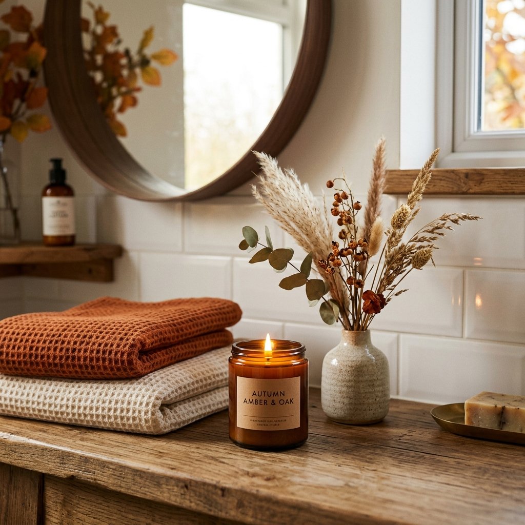 30 Fall Themed Bathroom Ideas: A Complete Guide to Cozy Autumn Style 8 Autumn Candle Bathroom Styling