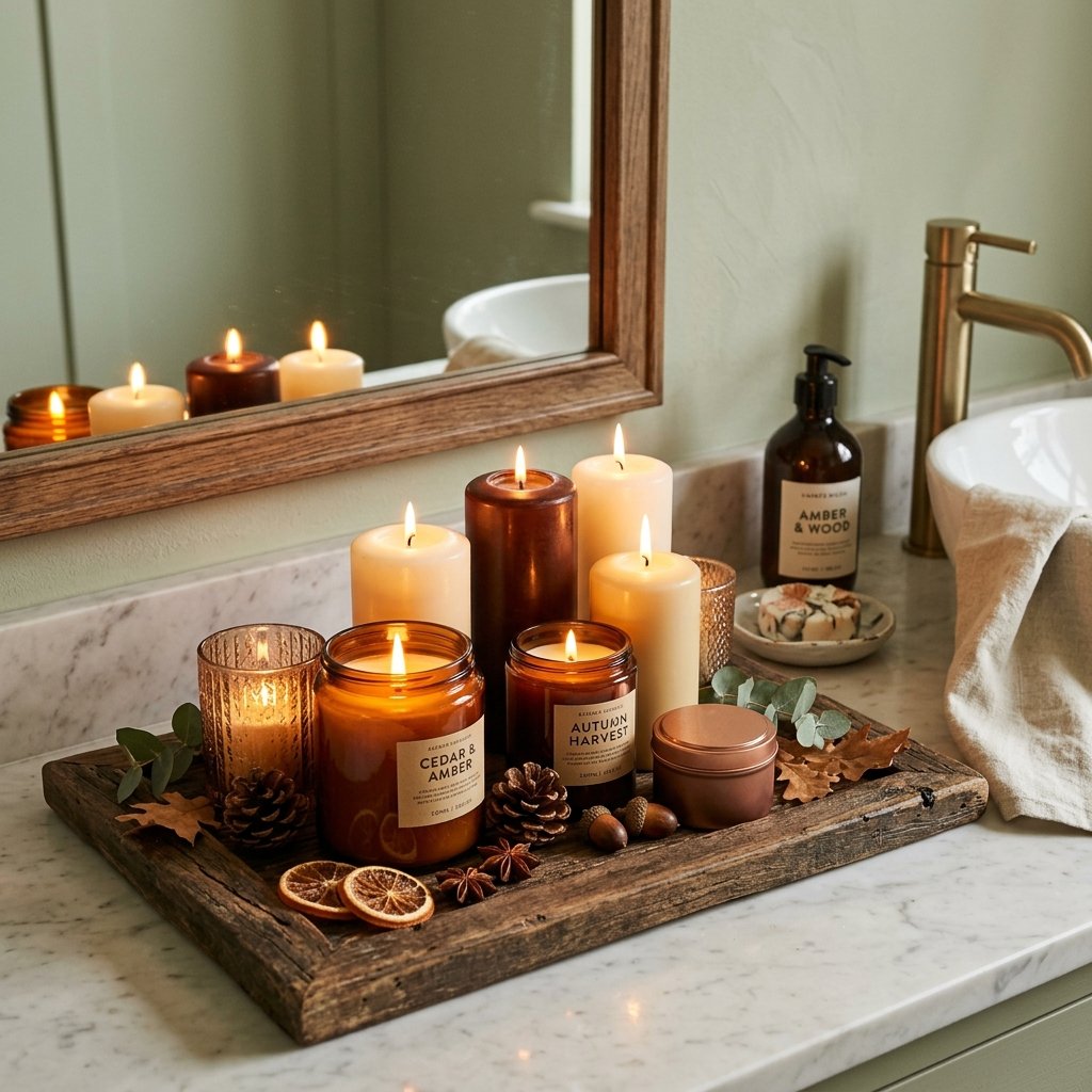 30 Fall Bathroom Aesthetic Ideas to Create a Dreamy Cozy Space 6 Autumn Candle Display Ideas