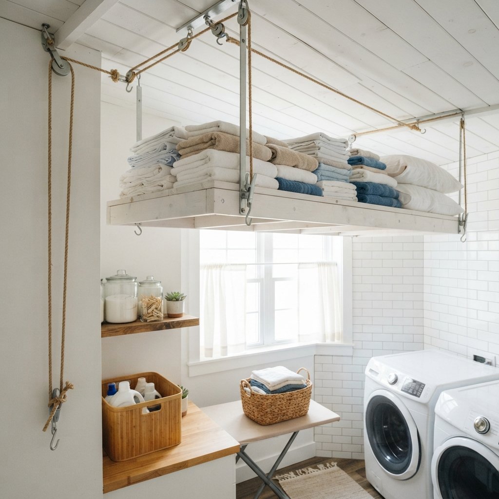 30 Tiny Laundry Room Ideas: That Prove Small Spaces Can Shine 27 Ceiling Storage Rack Tiny Laundry Room Ideas
