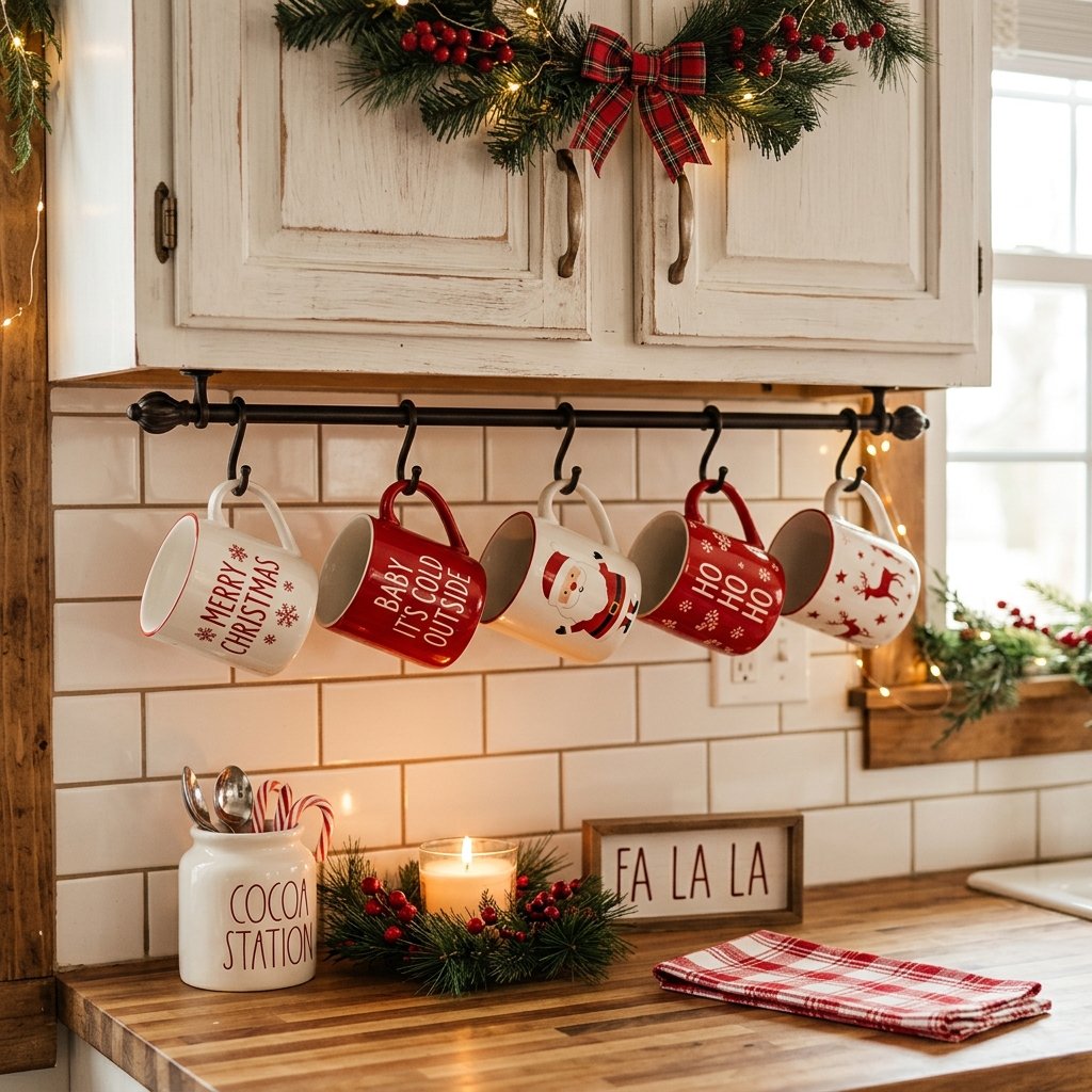 30 Christmas Kitchen Decor Ideas That Feel Warm and Magical 26 Christmas Kitchen Mug Display Ideas