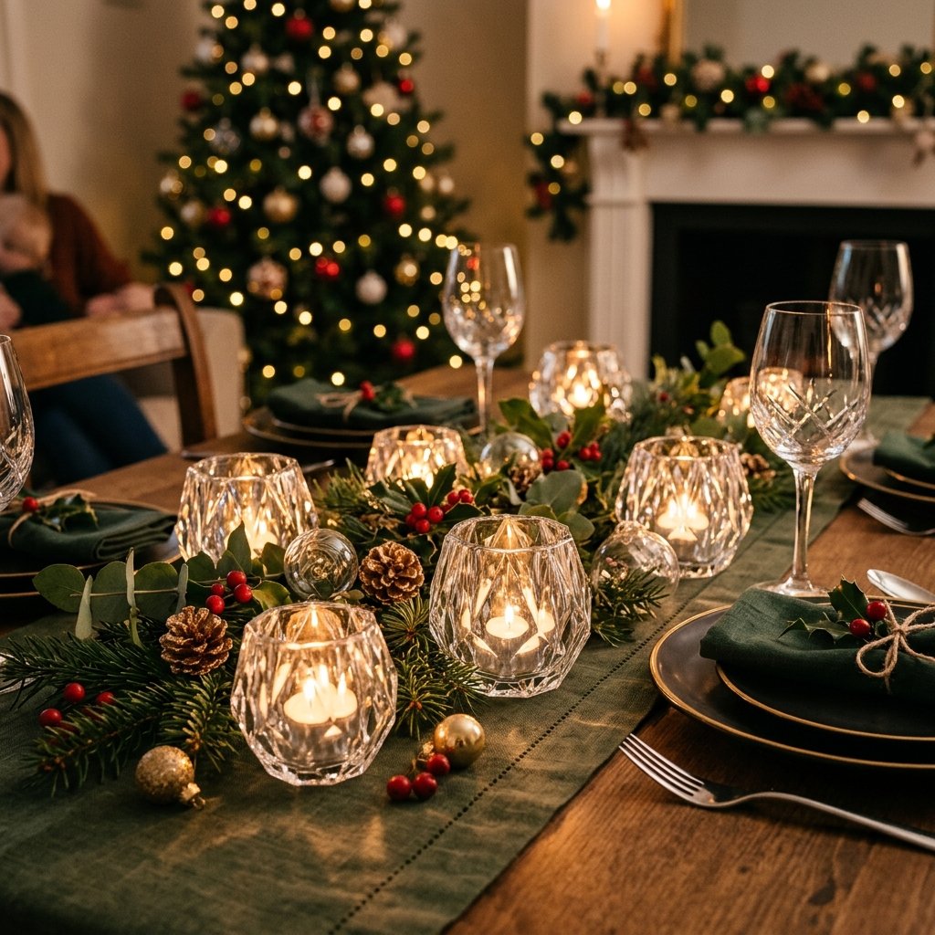 30 Christmas Table Decor Ideas to Make Your Holiday Table Shine 27 Christmas Table Decor Ideas with Glass Accents