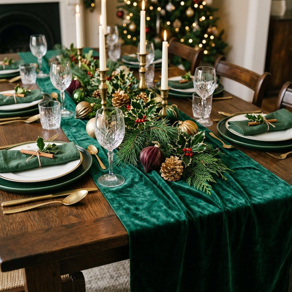 30 Christmas Table Decor Ideas to Make Your Holiday Table Shine 10 Christmas Table Decor with Velvet Table Runner Ideas
