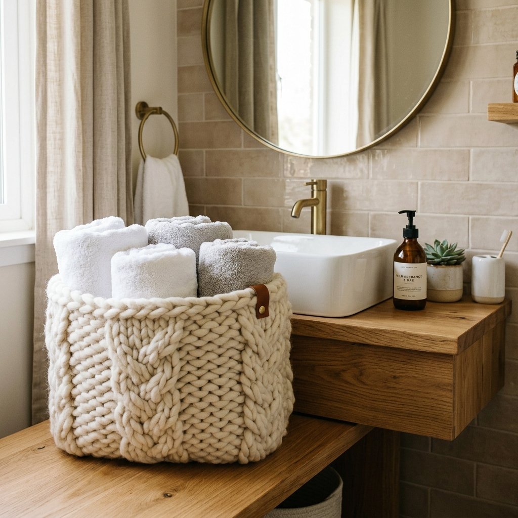 30 Fall Bathroom Decor Ideas: Cozy, Creative & Pinterest Worthy 28 Chunky Knit Storage Basket Fall Bathroom Decore