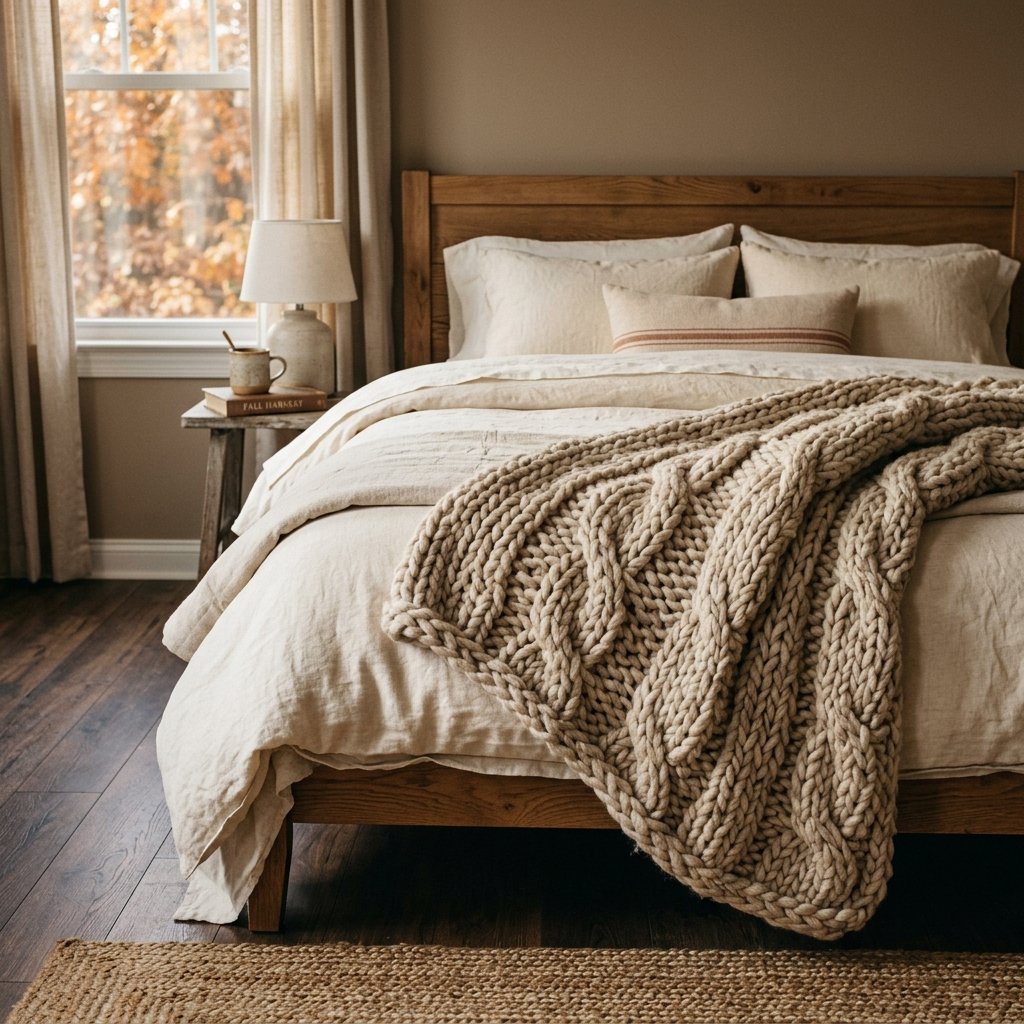 30 Cozy Fall Bedroom Ideas You'll Be Obsessed With This Autumn 4 Chunky Knit Throw Blanket Idea