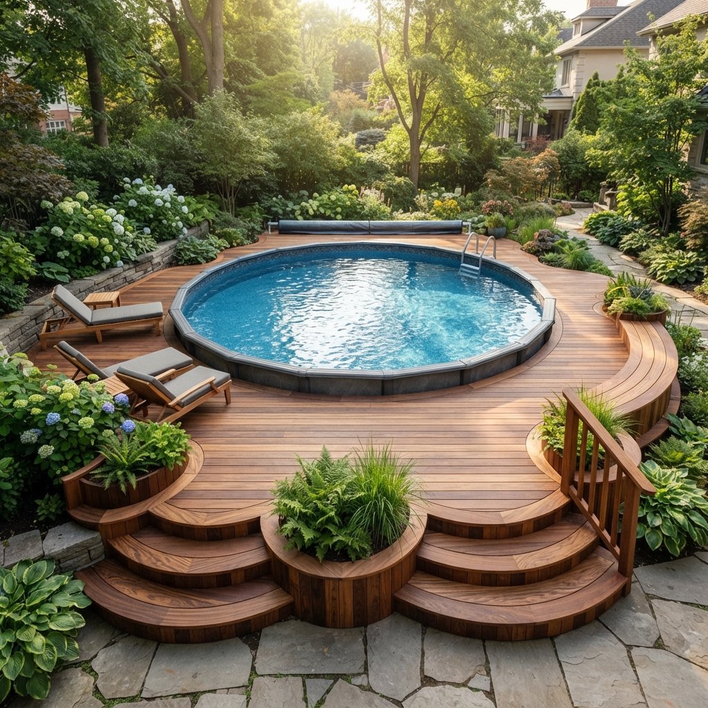 30 Above Ground Pool Deck Ideas to Transform Your Backyard 12 Round Above Ground Pool Deck Ideas
