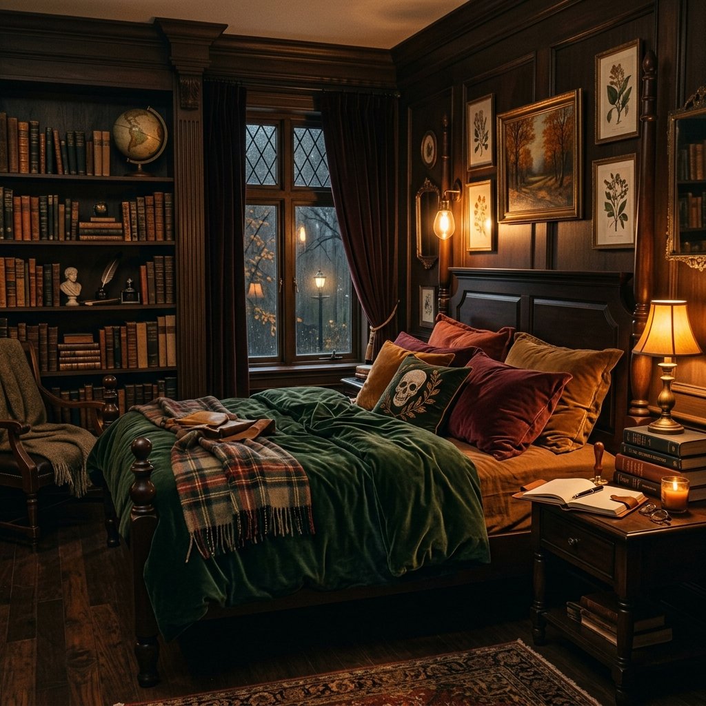 30 Cozy Fall Bedroom Ideas You'll Be Obsessed With This Autumn 31 Moody Dark Academia Bedroom Idea
