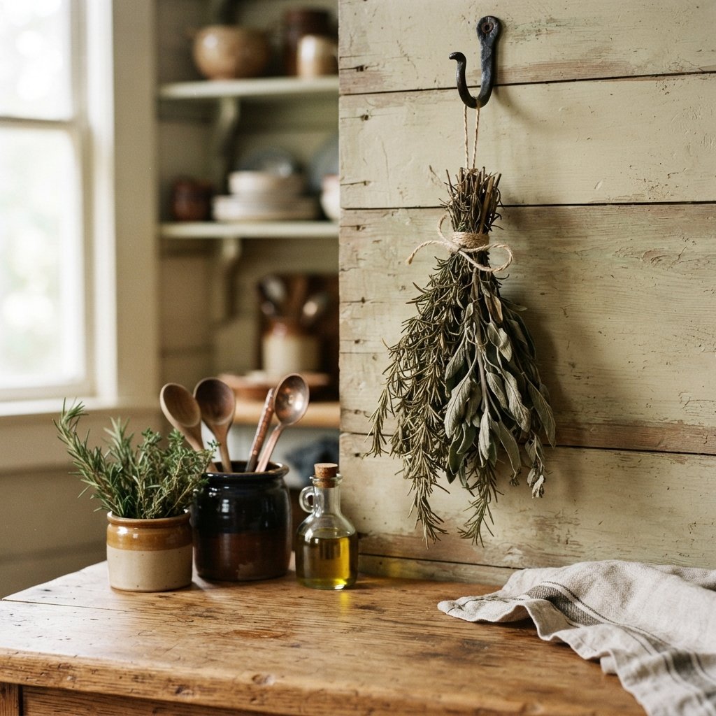 30 Fall Kitchen Countertop Decor Ideas: Cozy Inspiration for Every Style 14 Herb Bundle Display Fall Kitchen Countertop Decor