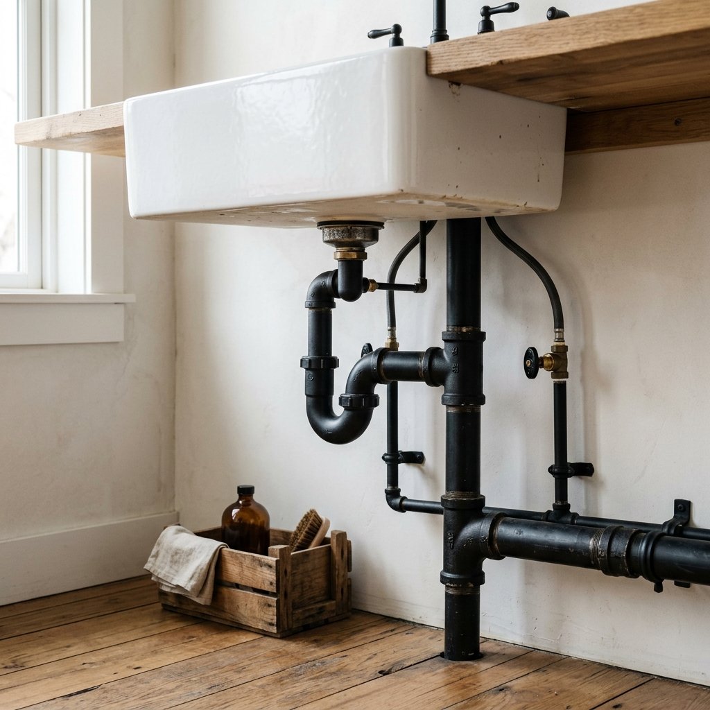30 Stunning Farmhouse Bathroom Ideas to Create a Cozy Luxury Retreat 29 Exposed Pipe Farmhouse Bathroom Ideas