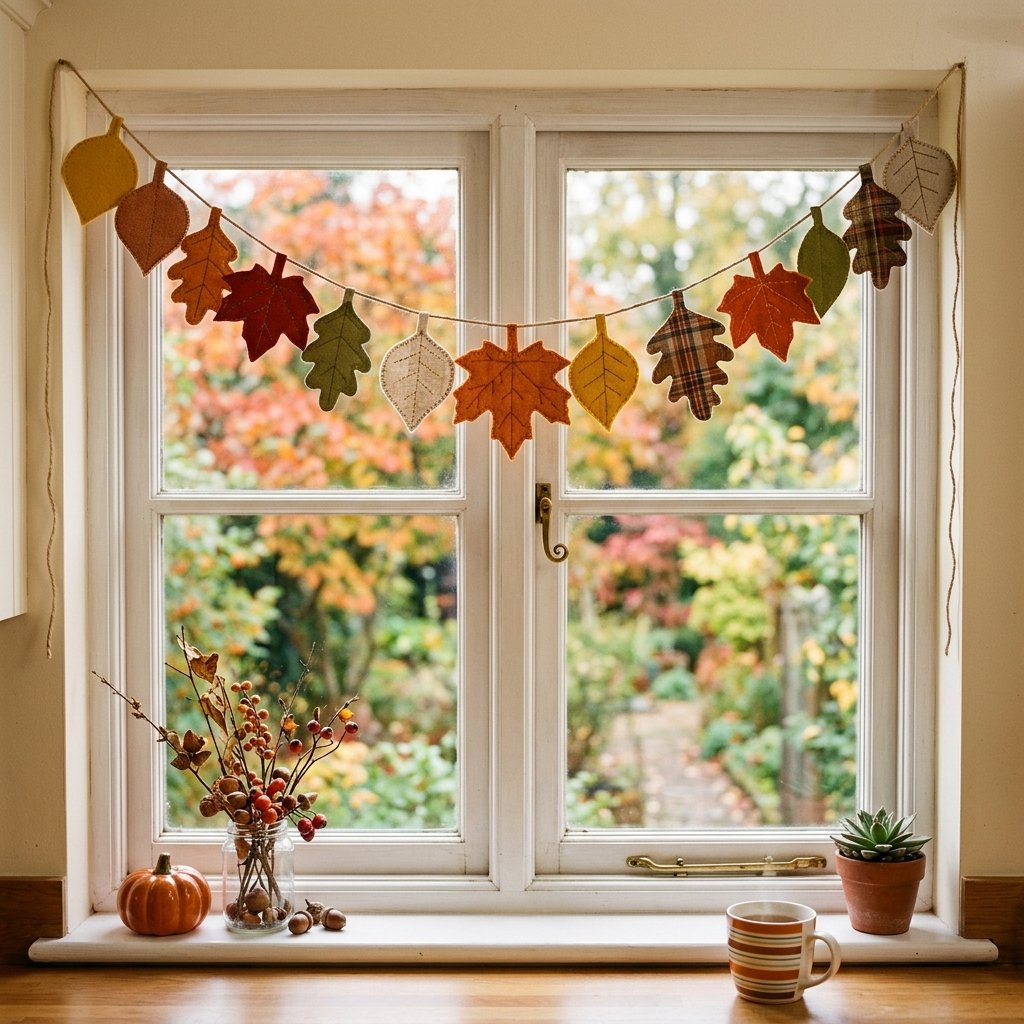 30 Fall Kitchen Window Decor Ideas That Feel Cozy & Bright 26 Autumn Leaf Bunting Window Ideas