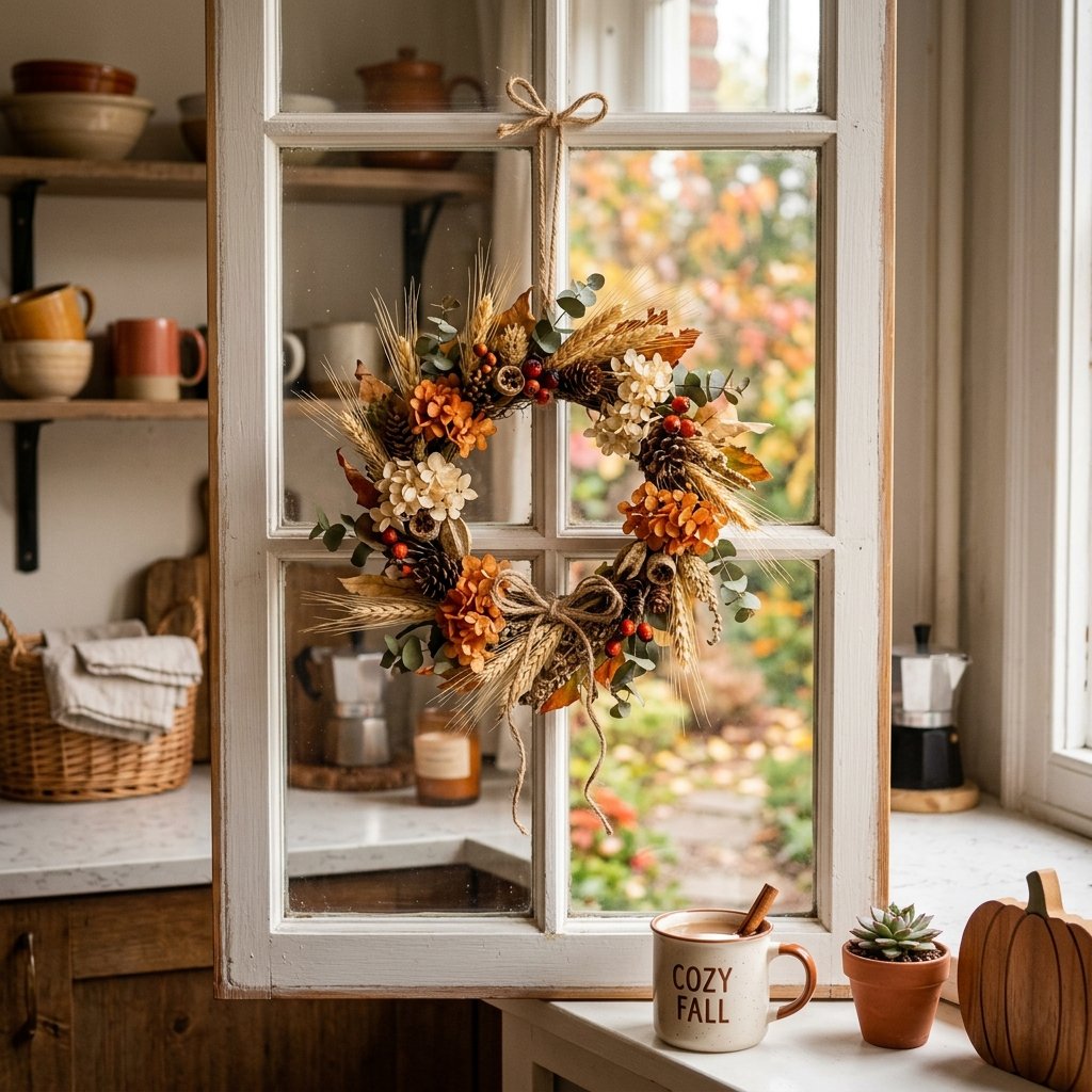 30 Fall Kitchen Window Decor Ideas That Feel Cozy & Bright 6 Fall Wreath Kitchen Window Ideas