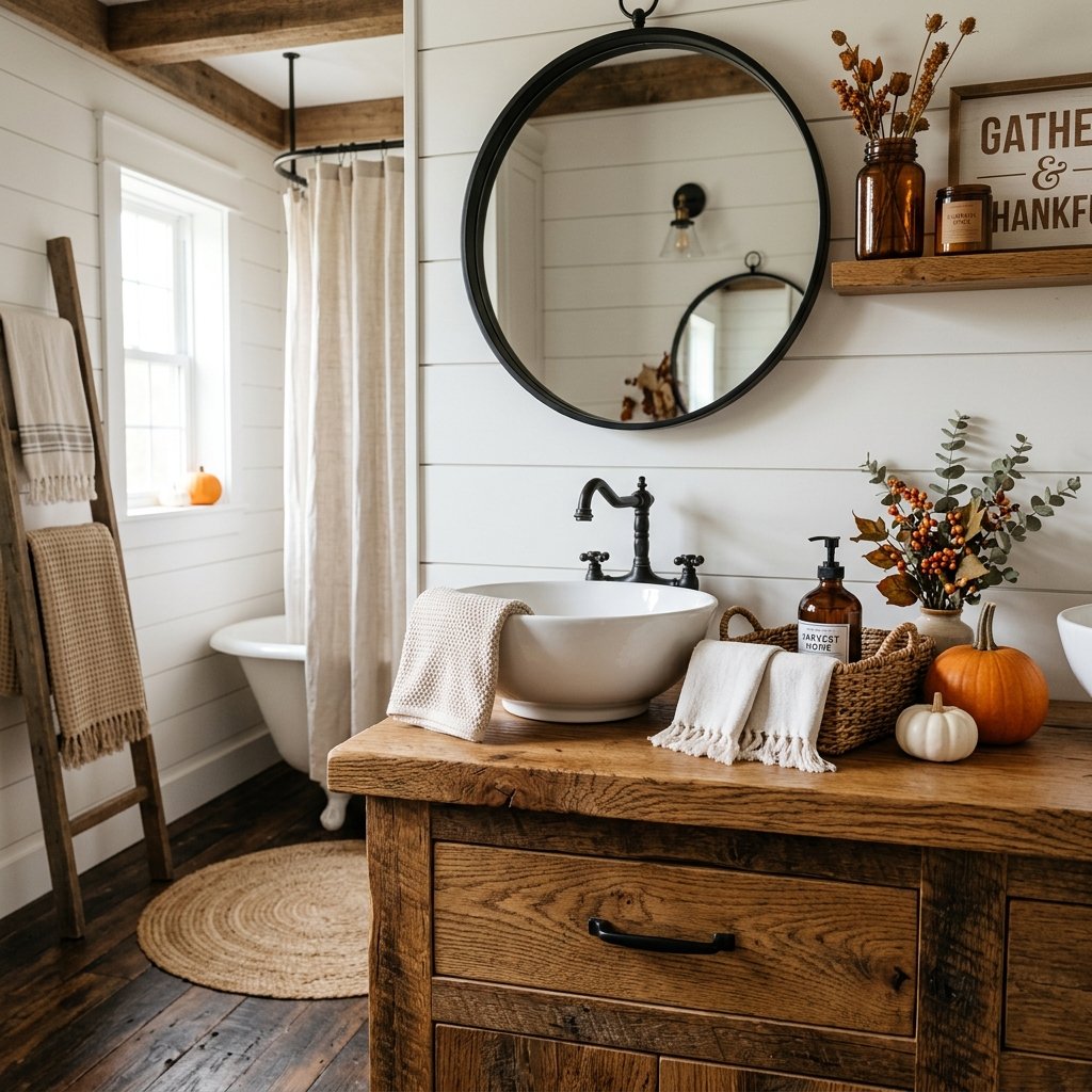 30 Fall Themed Bathroom Ideas: A Complete Guide to Cozy Autumn Style 23 Farmhouse Fall Themed Bathroom Decor