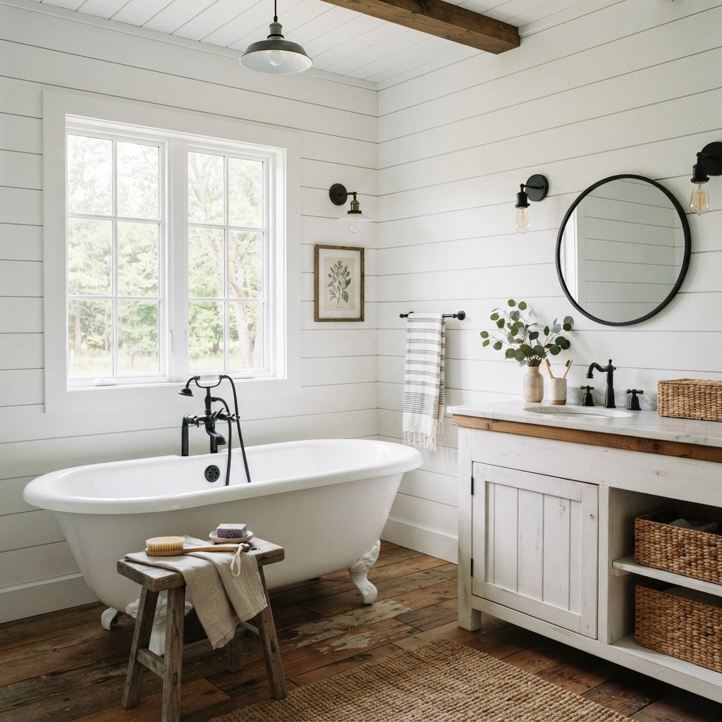 30 Stunning White Bathroom Ideas That Create a Bright & Luxurious Space 7 Farmhouse White Bathroom Ideas