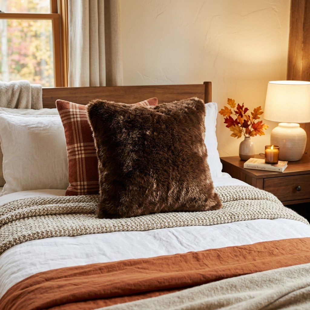 30 Cozy Fall Bedroom Ideas You'll Be Obsessed With This Autumn 5 Faux Fur Accent Pillow Idea