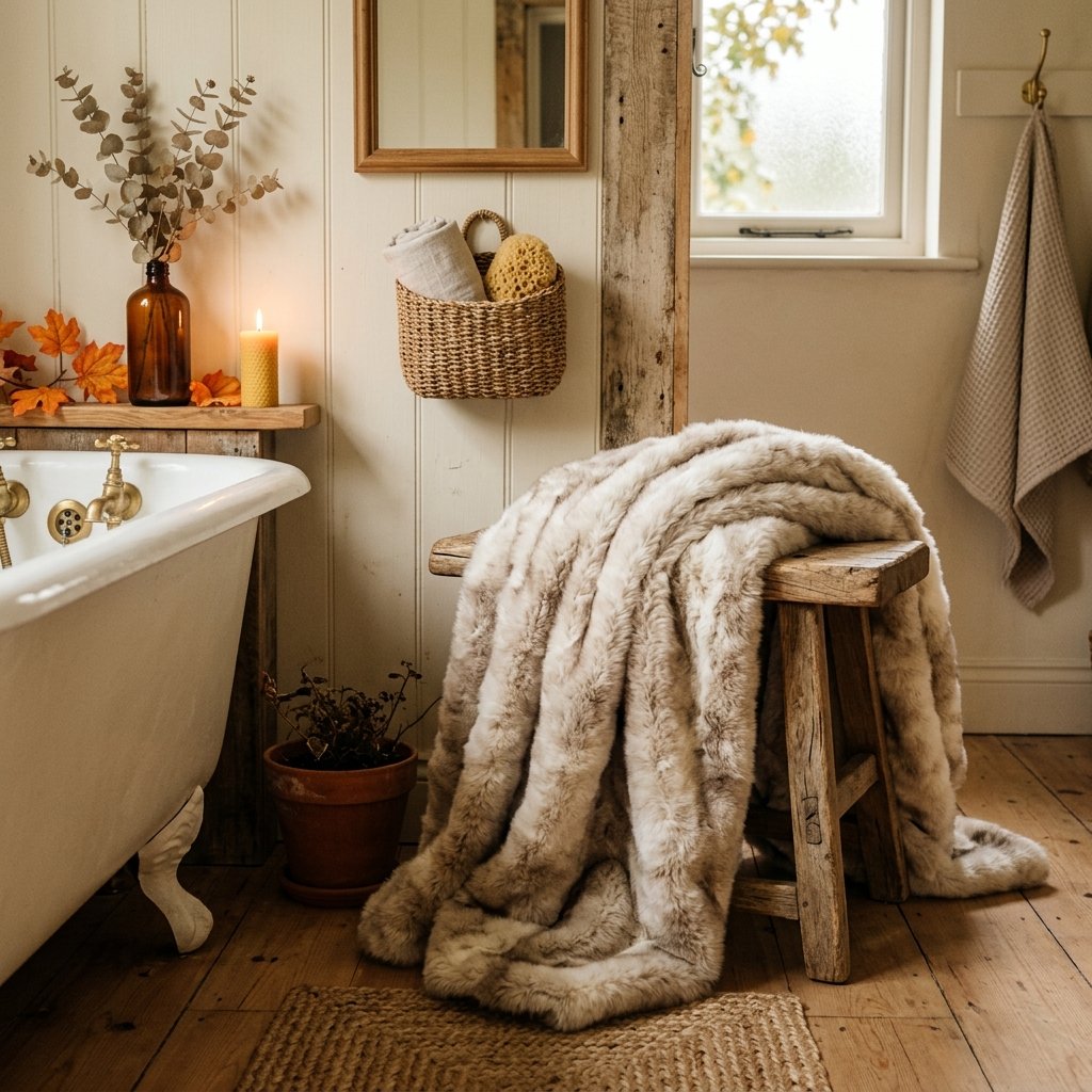 30 Fall Bathroom Decor Ideas: Cozy, Creative & Pinterest Worthy 13 Faux Fur Throw Fall Bathroom Decore